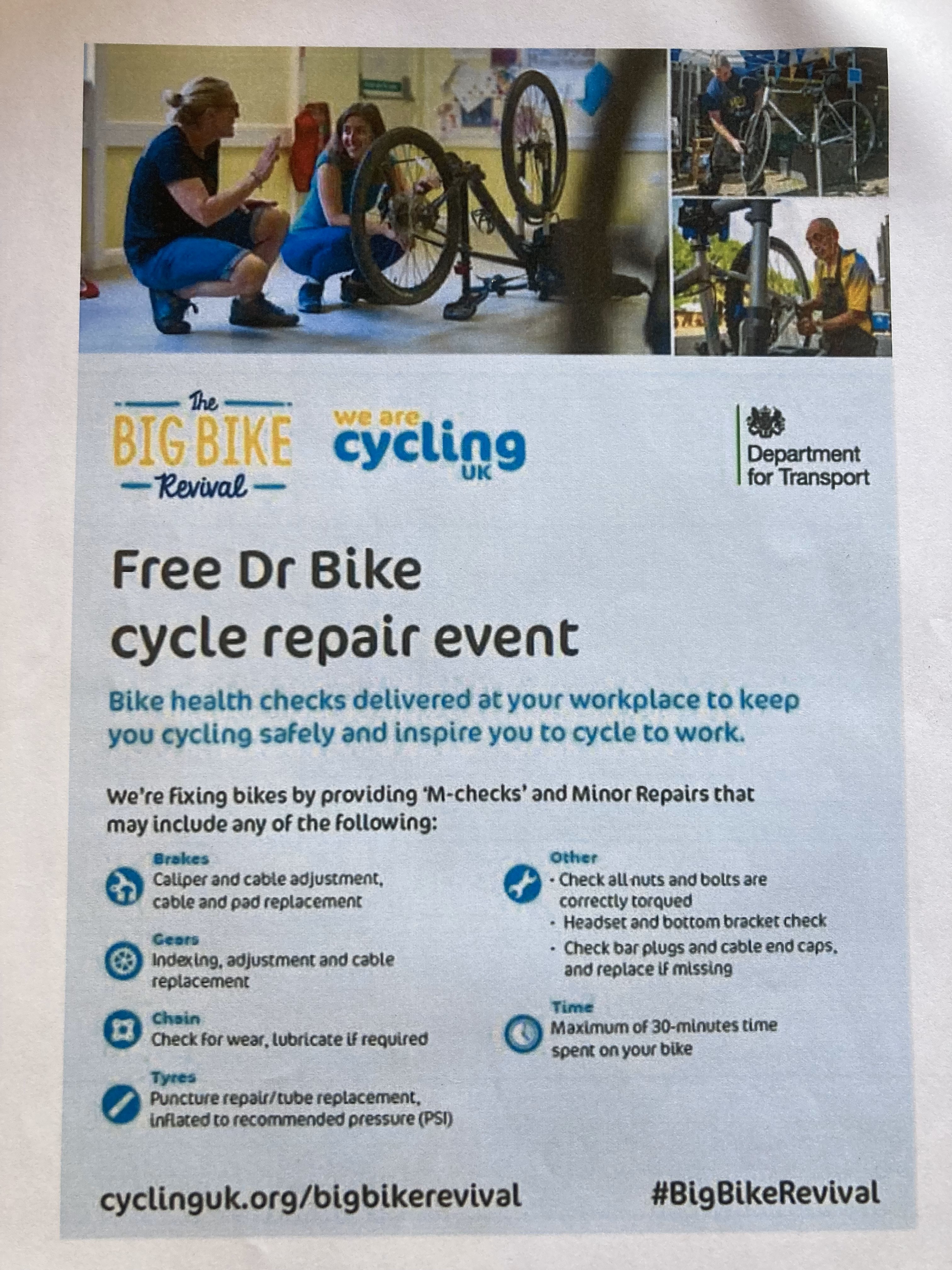FREE Dr Bike cycle repair event - August 3rd at the Village Hall  