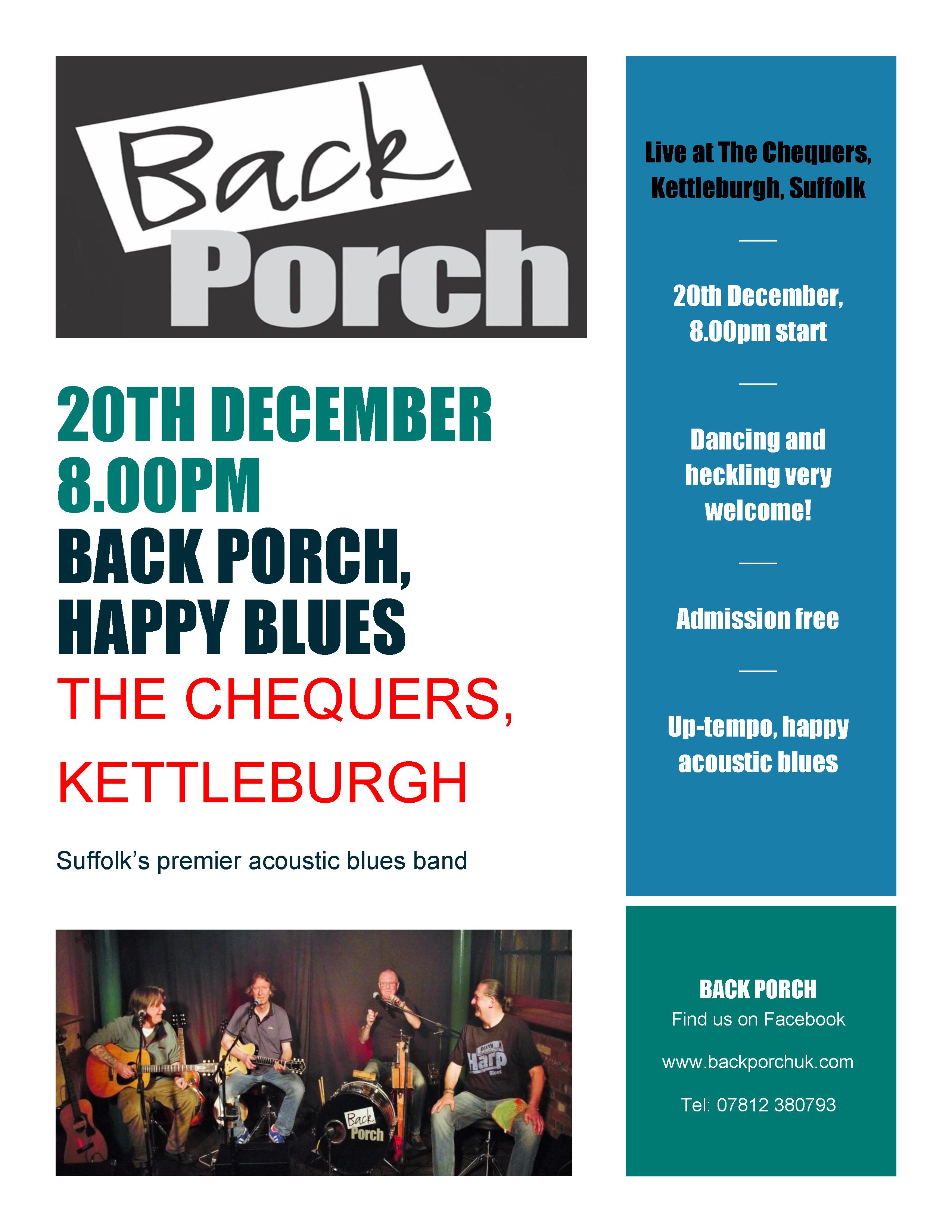 'Back Porch' return live to The Chequers on 20th December